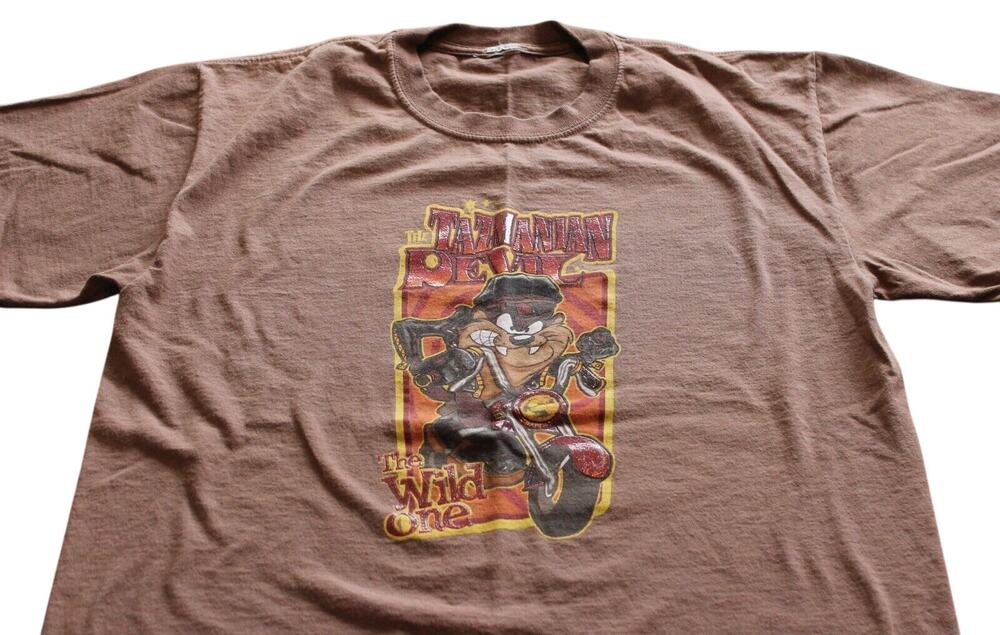 TAZ THE WILD ONE 1990s T-Shirt LRG cartoon looney tunes biker motor Vintage